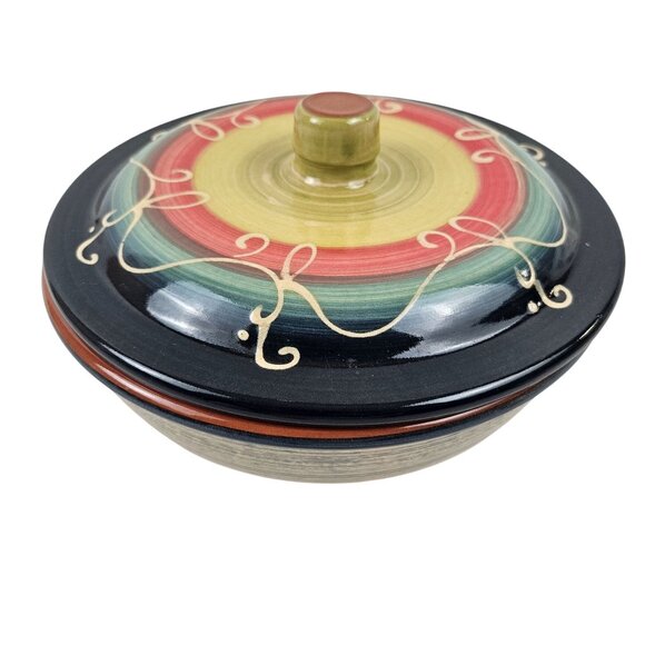 Pier One 1 Imports Terracotta Casserole Dish Lid Swirl Design Hand Painted - Picture 1 of 14